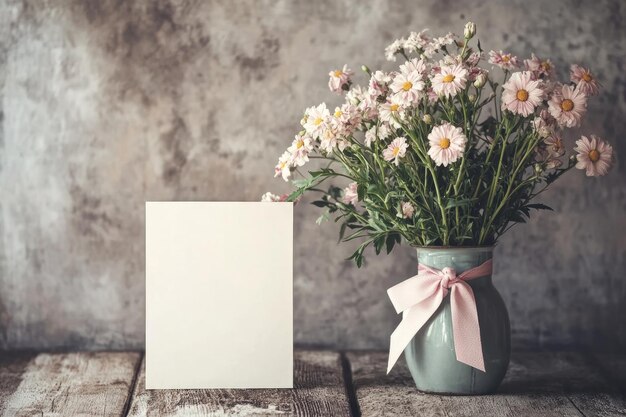 Photo a blank greeting card positioned next to a vase of delicate daisies adorned with a pink ribbon creating a rustic and romantic design perfect for weddings or special announcements