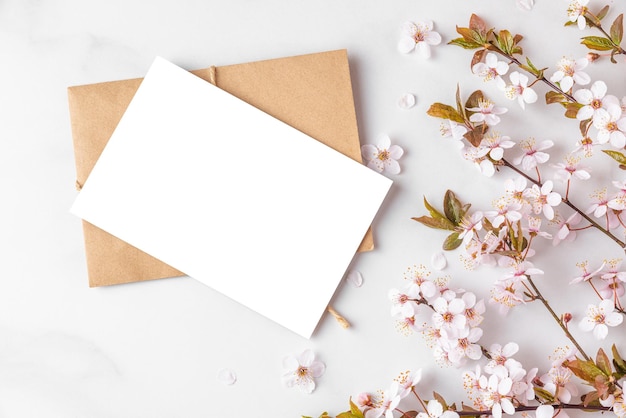 Blank greeting card with spring cherry blossom flowers on pink white background top view flat lay mock up