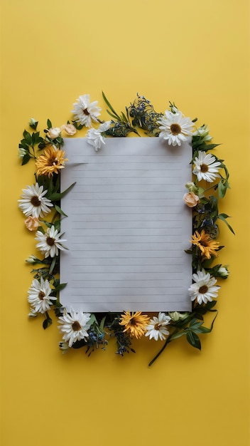 Blank grey paper surrounded with flowers over yellow background