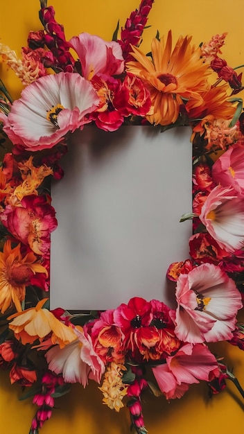 Blank grey paper surrounded with flowers over yellow background