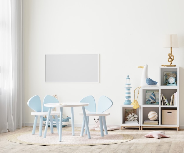 Blank horizontal frame in Bright childrens room with kids table and shelves near window, kids furniture, 3d rendering