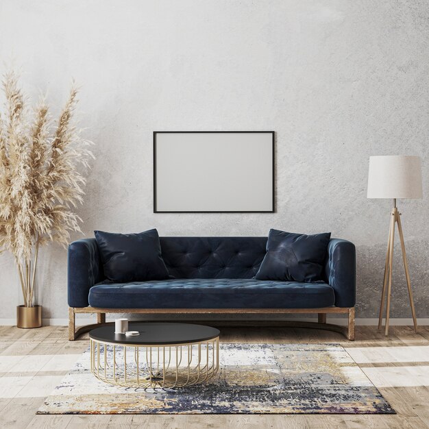 Blank horizontal frame mock up on wall in modern living room luxury interior design with dark blue sofa