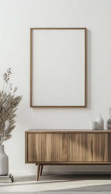 Photo blank horizontal wall art frame mockup on white wall with wooden sideboard