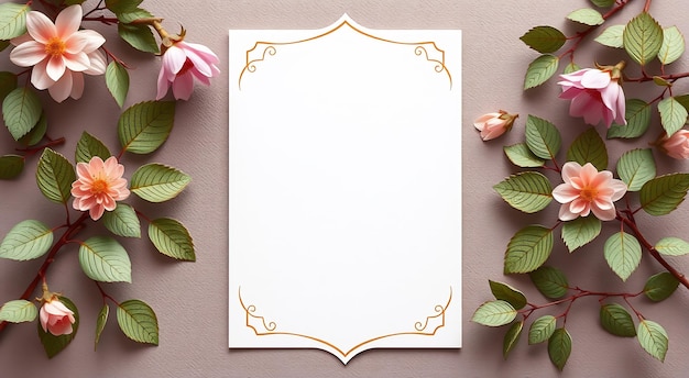 Blank invitation card with delicate pink flowers and green leaves