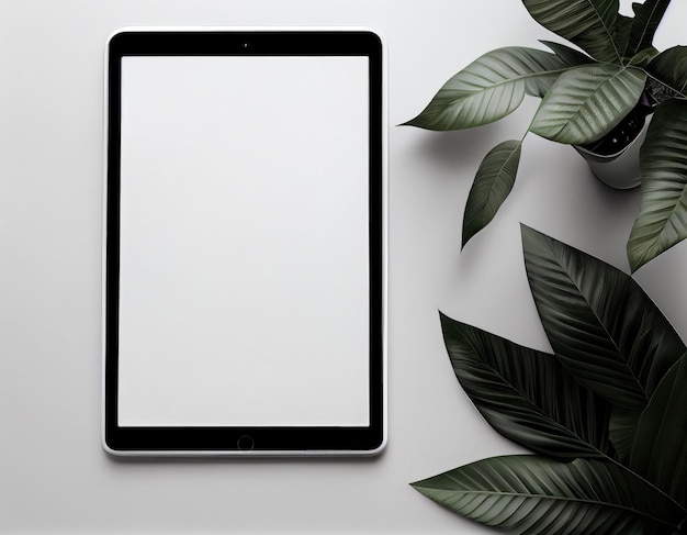 Photo blank ipad mockup on table with green plants