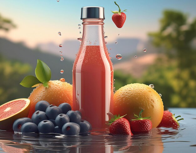 blank juice bottle inside some fruit mockup on the plane surface 3d look