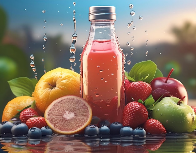 blank juice bottle inside some fruit mockup on the plane surface 3d look