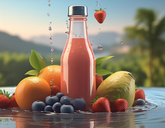 blank juice bottle inside some fruit mockup on the plane surface 3d look