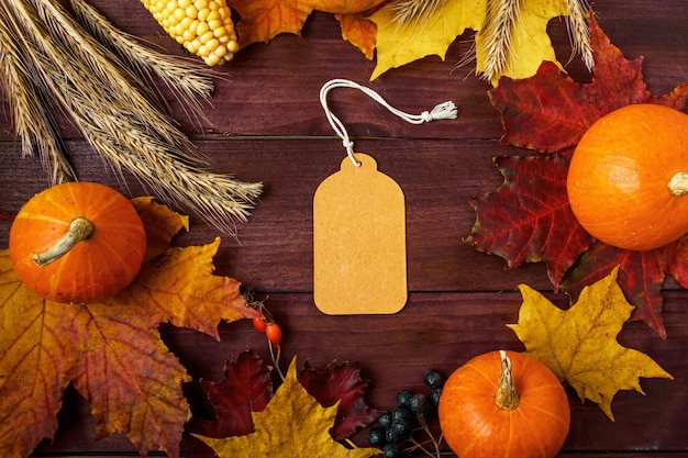 Blank label on wooden background Autumn sale Ripe pumpkins fallen colored leaves and berries Thanksgiving and harvest concept Copy space