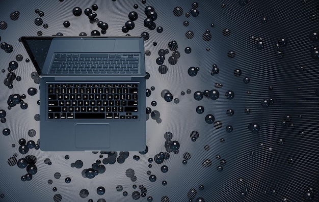 Blank laptop screen on grey with balls background