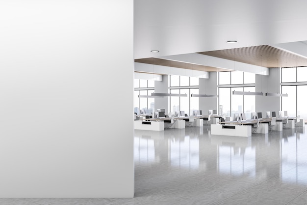 Blank light wall at the entrance to spacious coworking sunny office with modern white workplaces furniture wooden slatted ceiling glossy floor and city view from big windows 3D rendering mockup