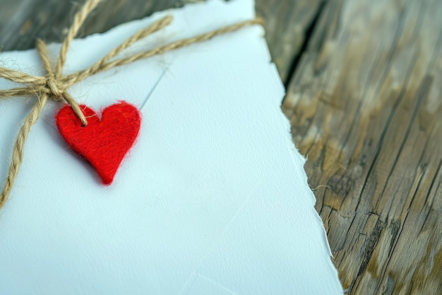 blank love note paper with red heart tied with rope for valentines day