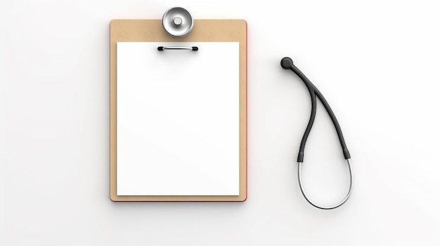 Photo blank medical clipboard with stethoscope on white background with generative ai