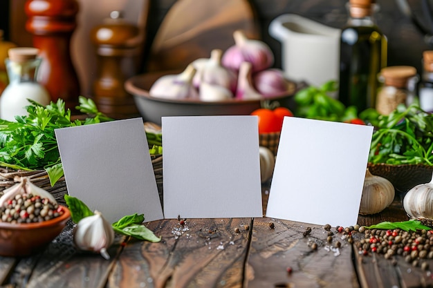 Photo blank menu card mockups on rustic kitchen table surrounded by fresh herbs and spices