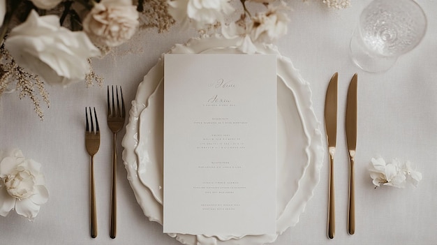 Photo blank menu card on a white plate with flowers