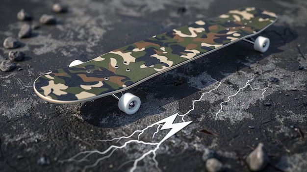 Blank mockup of a camo print skateboard with a lightning bolt graphic on the bottom