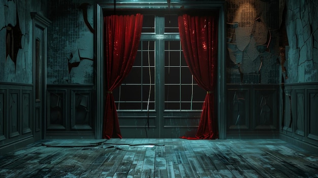 Blank mockup of a haunted hotel with cracked windows and red curtains