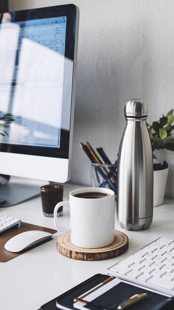 Photo blank mockup white coffee mug and steel thermo bottle for water on office table near computer a