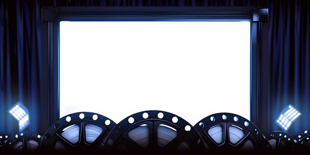 Photo blank movie screen with film reels and blue curtains