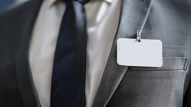 Photo blank name tag on a suit jacket