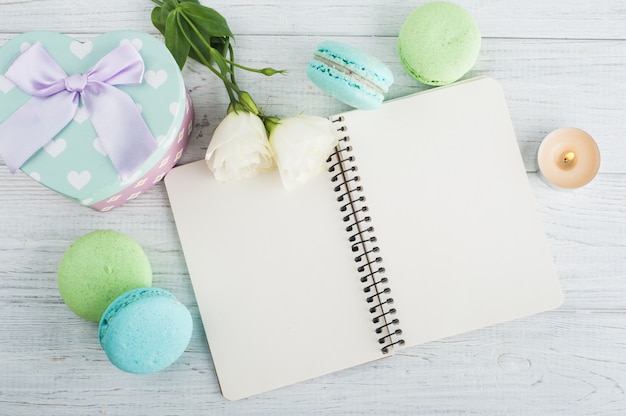 Blank notebook, green blue macaroons, gift