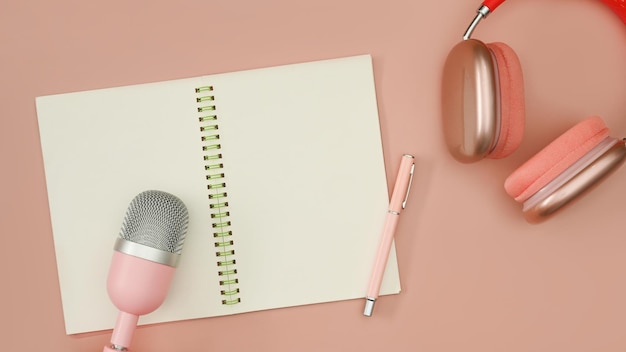 Blank notebook microphone for podcasts and wireless headphones on pink background