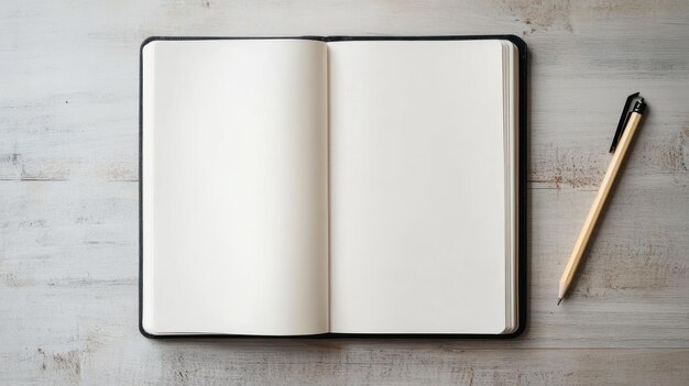 Blank Notebook and Pencil on Wooden Table