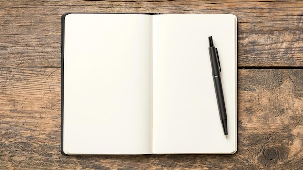 Photo a blank notebook with an open page and a black pen on a rustic wooden surface ideal for creativity and inspiration