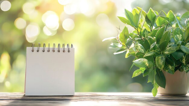 A blank notepad with a spiral binding sits on a wooden table with a potted plant and a green bokeh background