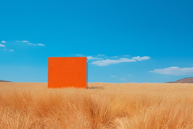 Blank orange billboard in dry grass field with blue sky background