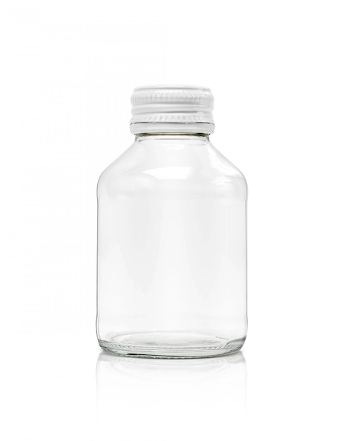 Blank packaging clear glass bottle with white cap isolated on white background