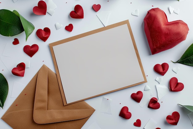 Photo blank paper card mockup with envelope valentines day card