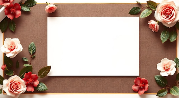 Photo blank paper card mockup with flowers and green leaves