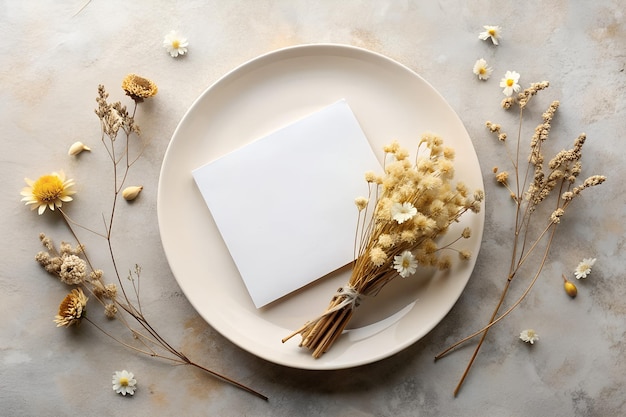 Blank Paper cards mockup on a plate with flowers copy space