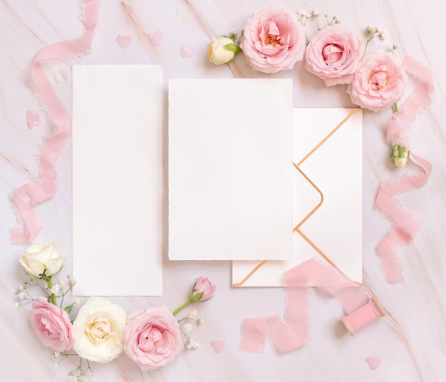 Blank paper cards between pink roses and pink silk ribbons on pink top view wedding mockup