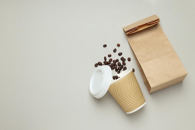 Blank paper cup composition for delivery and take away concept space for text