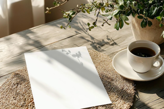 Photo blank paper mockup on table created with generative ai