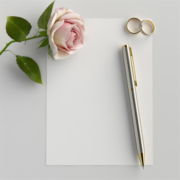 blank paper for note mock up with pink rose pen and wedding rings