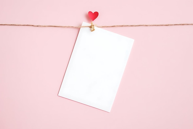 Blank paper note on rope with heart shape on pink background