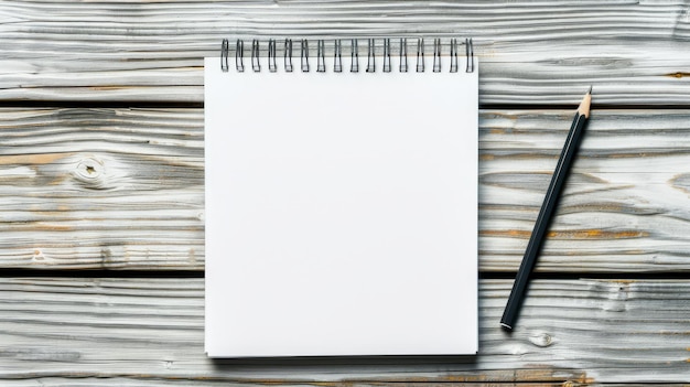 Blank paper notebook and pencil seen from above on desk