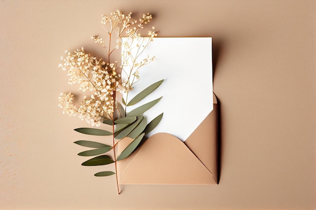 Blank paper sheet card with mockup copy space and dry flower buds on beige background AI Generated