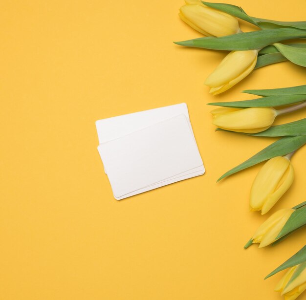 Blank paper white business card and a bouquet of yellow tulips on a yellow background