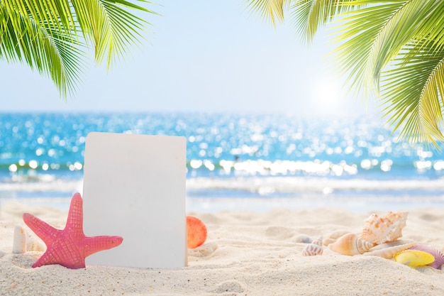 blank paper with seashells on sandy beach