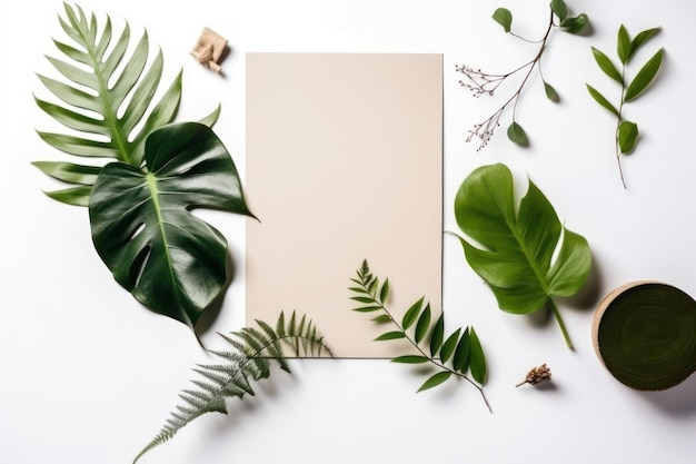 A blank paper with tropical leaves on it and a blank sheet of paper on a white background