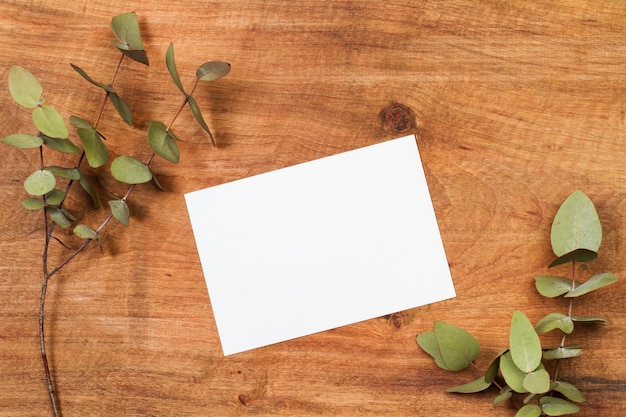 A blank paper on a wooden table with eucalyptus branches and leaves