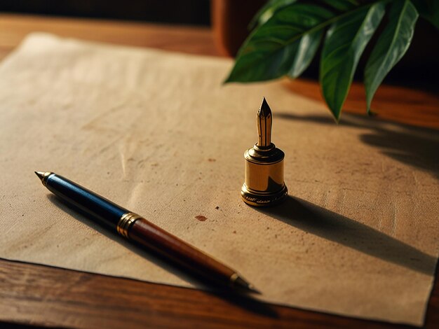 Photo a blank parchment pen nib background wood table beautiful jungle nice plant