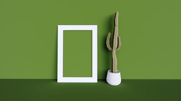 Blank photo frame and cactus tree with green wall