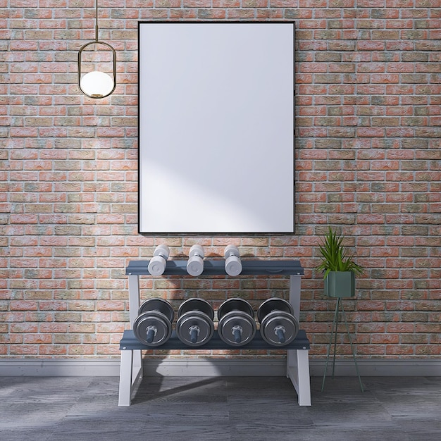 Blank photo frame mockup in modern gym interior design with dumbbell rack, red bricks background