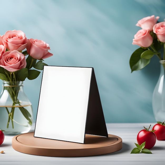 Blank photo frame with roses in vase