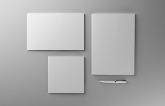 Blank photorealistic brochure with pen on light grey background, 3d Illustration.